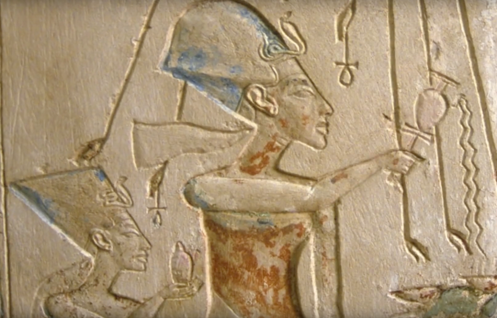 Relief of Akhenaten and Nefertiti under the rays of the sun-god Aten clutching ankhs Egyptian Museum, Cairo