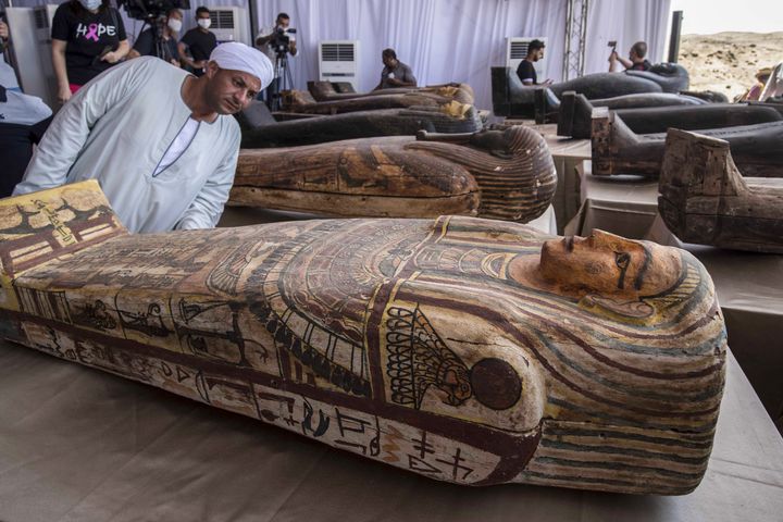 The 140 sarcophagi unearthed in the Saqqara necropolis were exhibited on October 3 2020 during a press conference KHALED DESOUKI