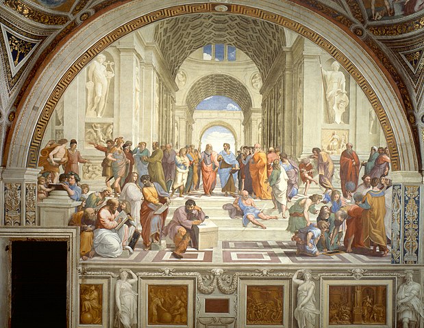 The School of Athens 1511 AC by Raphael, Italy depicting famous classical Greek philosophers inspired by ancient Greek architecture